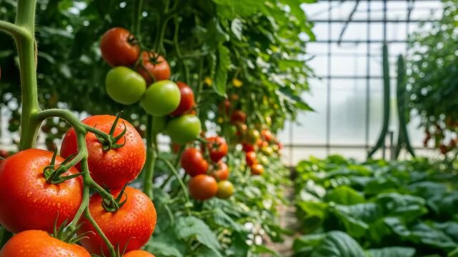 Close-up Of Ripe Tomatoes On Vine In Greenhouse Showing Various Stages Of Ripening With Other Plants In The Background For Showcasing Sustainable Agriculture Organic Food Farming Pra