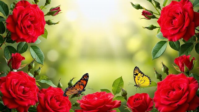 Butterflies Flying Around Red Roses Frame.