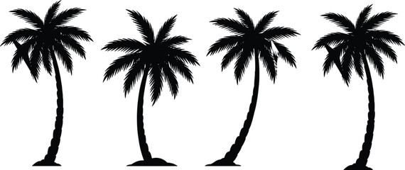 Set of tropical palm tree silhouettes isolated on light background, detailed black vector illustration collection for summer, beach landscape, travel, and exotic nature design. © Chandra 