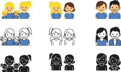Obraz premium Family and People Avatar Icon Set in Color, Outline, and Glyph Styles Featuring Parents, Children, Couples, and Siblings for Profile and UI Design.