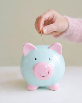 Hand drops a coin into a blue piggy bank, symbolizing savings, budget planning and financial responsibility in soft natural light.