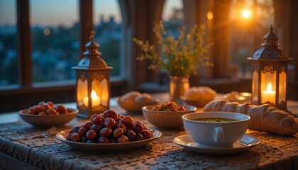 Fototapeta premium Warmly lit table setting with food and lanterns for a cozy evening meal indoors