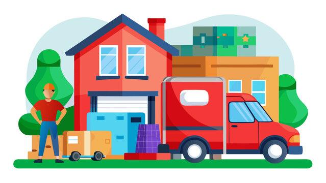 Professional movers unloading cardboard boxes from a delivery van to a house.eps
