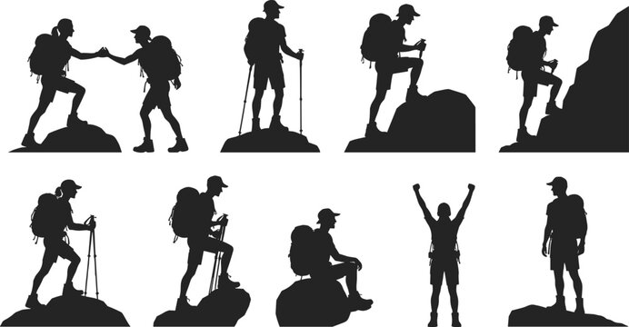 Set of hiking and climbing silhouettes isolated on light background, detailed black vector illustration collection featuring backpackers trekking, climbing rocks, and celebrating mountain adventure.