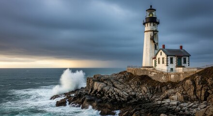 Obraz premium Coastal Lighthouse Standing Tall Against Stormy Skies.