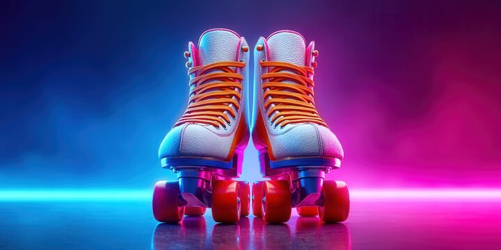 Retro roller skates with vibrant orange laces illuminated by neon blue and pink lights
