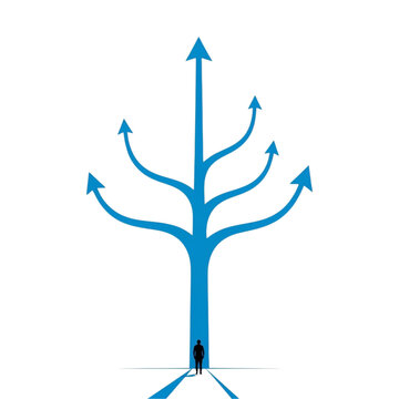 Man standing in front of large blue tree with multiple arrows  representing choices