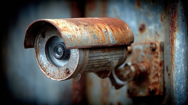 Close-up of a very old, rusty security camera with water droplets clinging to it