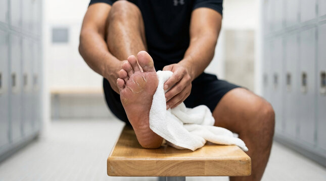 Man wiping sweat from his foot with a towel in a locker room, close-up on his feet and towel
