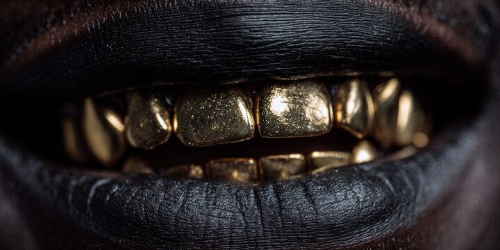 Close-up of a person's mouth with black lipstick and gold teeth grills