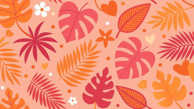 Vector seamless pattern in simple floral wavy and groovy naive style, orange flowers and tropical leaves on pink background.eps