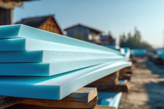 Stack of blue extruded polystyrene foam insulation boards on wooden pallets outdoors