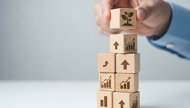 &ldquo;Business Growth Strategy: Stacked Wooden Blocks with Arrows and Graph Icons &ndash; Teamwork, Planning, and Progress&rdquo;

