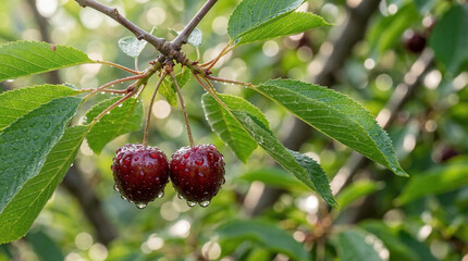 Fototapeta premium Two ripe, dark red cherries covered in glistening water droplets hang from a branch with vibrant green leaves in a sunny orchard with soft, blurred background bokeh.