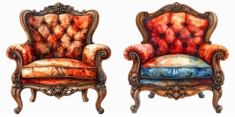 Fototapeta premium Two Antique Tufted Armchairs with Ornate Wooden Frames and Warm Velvet Upholstery Isolated on White Background