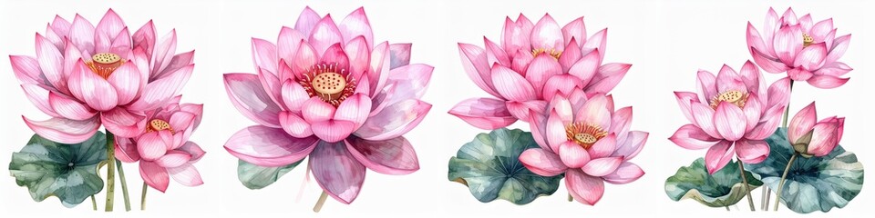 Obraz premium Watercolor pink lotus flowers with soft petals green leaves and buds, elegant water lily botanical illustration isolated on clean white background