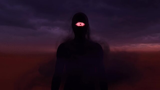 Surreal Dark Figure with Single Glowing Eye and Mysterious Atmosphere for Conceptual Dajjal Representation
