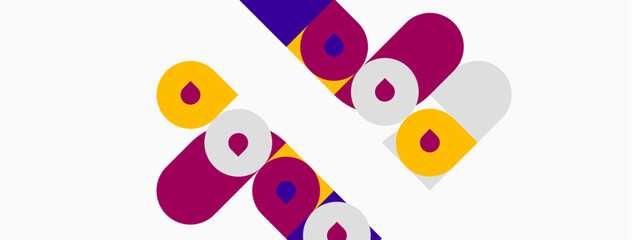 Abstract geometric shapes overlap, creating vibrant color blocks. Purple, yellow, blue tones dominate design. Modern, playful aesthetic.