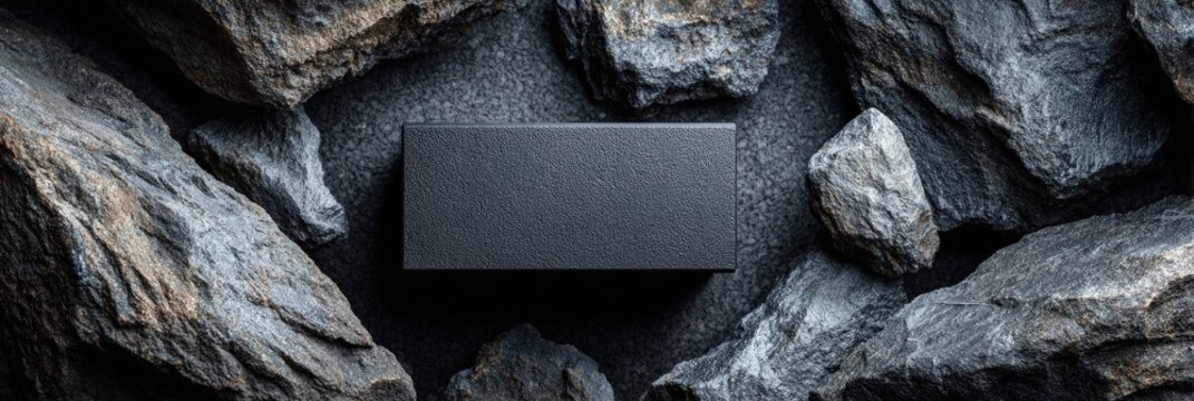 Black rectangular box placed on textured dark surface surrounded by rough stones, showcasing a minimalist design suitable for branding or packaging mockups