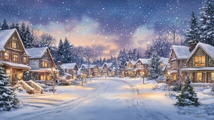 Fototapeta premium A serene snowy village scene at dusk, featuring illuminated houses, tranquil street, and falling snow