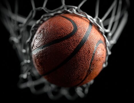 Basketball entering a net against a black background, showcasing the texture and detail of the ball and the net structure in a dynamic composition