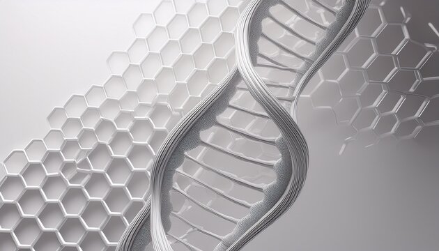 abstract 3d rendering of a dna double helix and honeycomb pattern on a white background