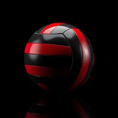 Fototapeta premium A water polo ball with a sleek carbon fiber weave texture, featuring high-gloss red accents, isolated on a dark, reflective surface