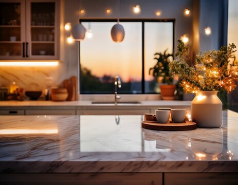 cozy kitchen interior with marble countertop warm lighting and blurred background activity at dusk
