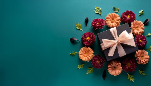 dark gift box surrounded by flowers on teal background