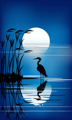 Fototapeta premium The silhouette of a heron stands in front of a wide, bright moon reflected in a calm lake. A calming piece of wall art. Eps. 10