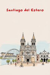 Obraz premium Santiago Del Estero, Argentina Pen Line Art Illustration of City Landmark and Travel Scene