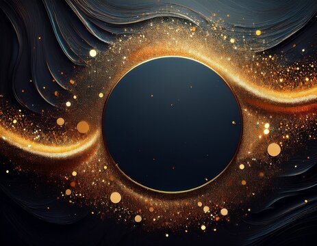 a dark circle surrounded by swirling gold dust on a textured surface