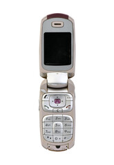 Vintage pink flip phone isolated on white, retro mobile cell phone.