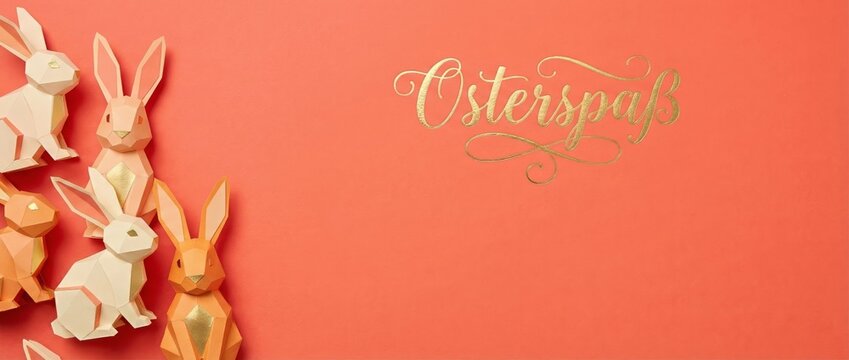 Geometric paper Easter bunnies in pastel colors with gold accents, arranged on a coral background with elegant Oster spa&szlig; text Festive holiday concept for spring celebrations and decorations