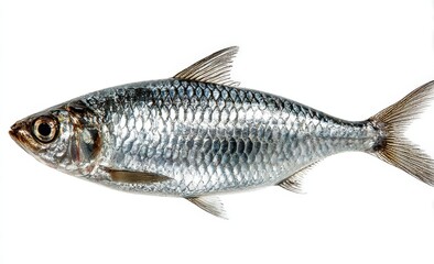Obraz premium Freshwater fish with silver scales and streamlined body, showcasing detailed fins and eyes against a white background for culinary or educational use
