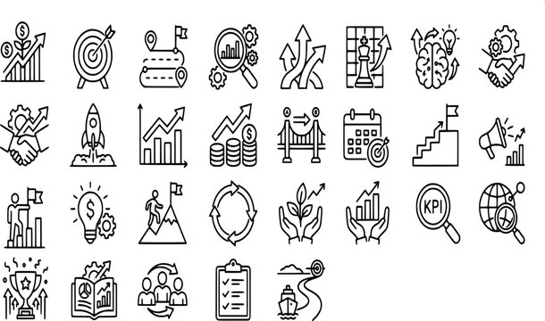 Minimalist icons of international expansion, human resources, talent recruitment, corporate mergers, global networking, strategic chess pieces, and market growth indicators.
