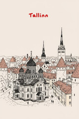 Obraz premium Tallinn, Estonia Pen Line Art Illustration of City Landmark and Travel Scene