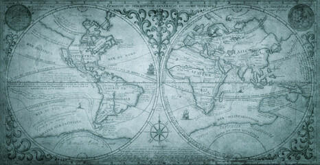 Old geographical map of the world of the 18 century. Collage.