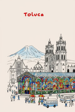 Toluca, Mexico Pen Line Art Illustration of City Landmark and Travel Scene