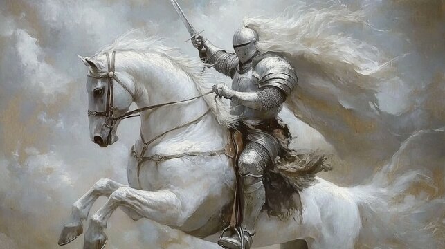 A valiant knight in shining armor rides a majestic white horse through tumultuous clouds