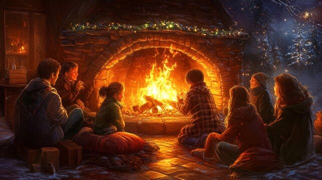 A warm gathering around a cozy fire in a stone fireplace, surrounded by a winter scene