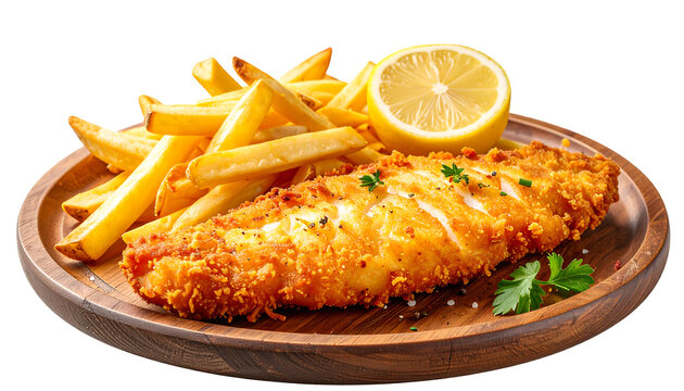 Crispy Breaded Fish Fillet with French Fries and Lemon Isolated on transparent Background