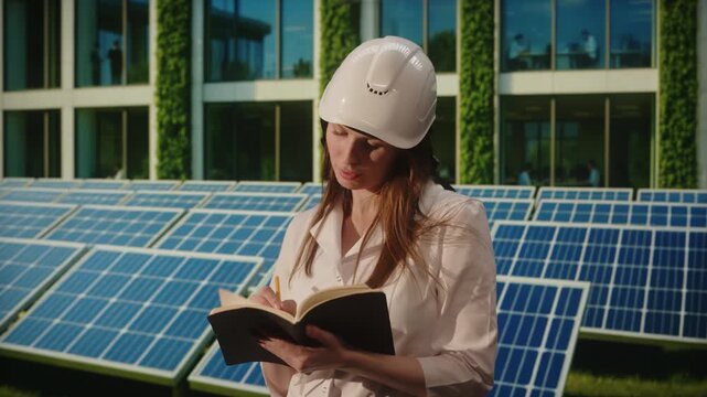 Female engineer reading notebook near solar panels