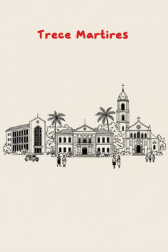 Trece Martires City, Philippines Pen Line Art Illustration of City Landmark and Travel Scene