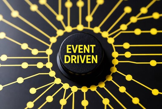 Event-driven architecture is depicted on a black background with yellow connections and a central "EVENT DRIVEN" button.