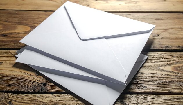 Stack of blank white envelopes resting on a rustic, textured wooden surface with warm, natural lighting