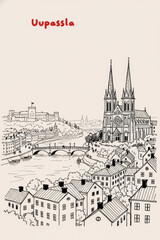 Fototapeta premium Uppsala, Sweden Pen Line Art Illustration of City Landmark and Travel Scene