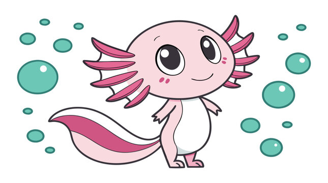 Vector illustration of Cute Pink Axolotl with Bubbles Illustration
