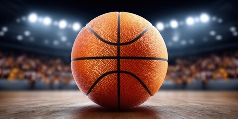 Obraz premium Close-up of a basketball on a wooden court with stadium lights and blurred crowd in background