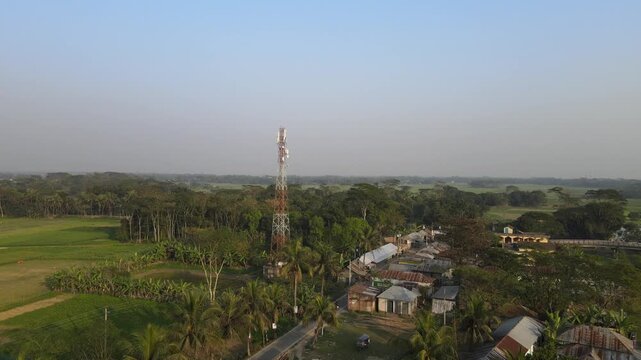 Aerial View of Mobile Telecommunications Tower in a Rural Bangladesh Village